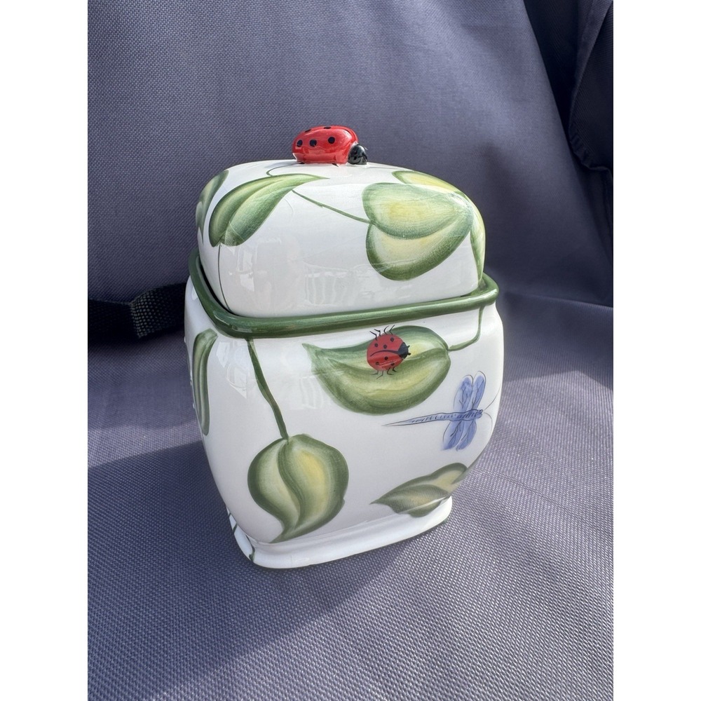 Harry & David Small Canister W Lid, Ceramic, Lady Bug, Bee, Dragonfly Sugar Tea